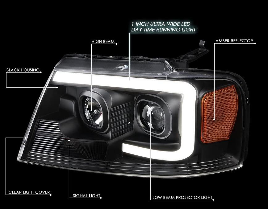 2004 to 2008 Ford F150 Lincoln Mark LT Projector Headlights DRL