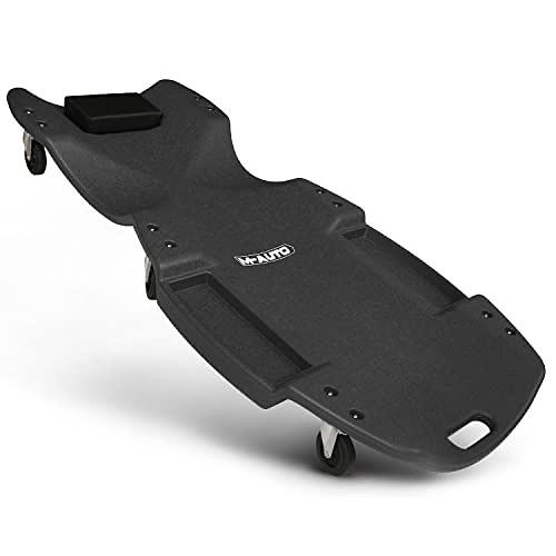M-AUTO Mechanic Plastic Creeper with Dual Tool Trays, 48" Ergonomic Rolling Garage Shop Creeper with Padded Headrest, 4 Noiseless Casters 350LBS Capacity Black