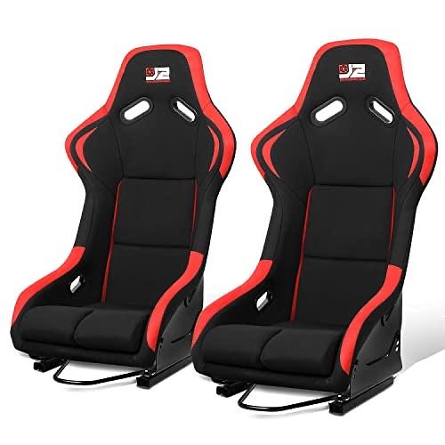 Pair of Universal Fixed Position Bucket Racing Seat w/Side Mount Brackets & Sliders for 4 or 5 point Harness, Black/Red