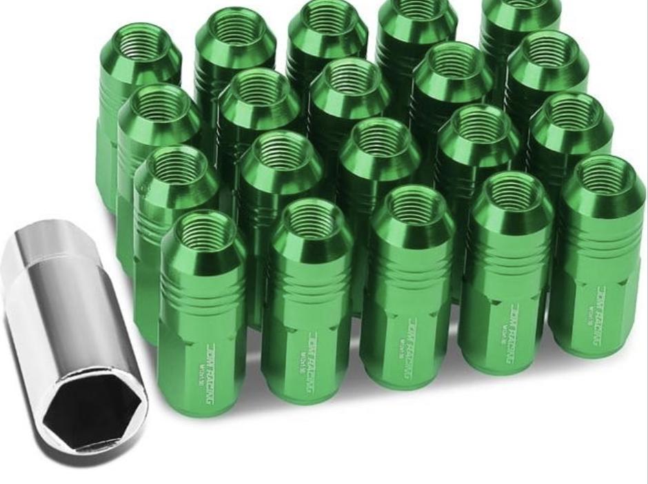 20Pcs Closed End Design M12 x 1.5 Aluminum Alloy Wheel Lug Nuts + Deep Drive Extension Adapter, 20mm OD/50mm Height (Green)
