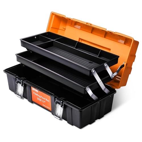 Lockable Tool Box Plastic Portable Storage Folding Toolbox Tray Divider Tool Organizers, W/Handle, Orange/Black, TOOLS-00505