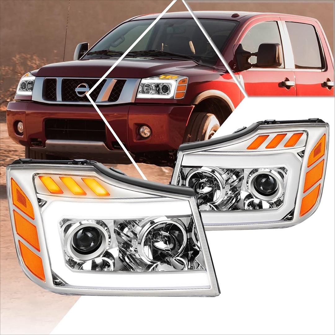Chrome Housing Clear Corner C-Shape LED Light Projector Headlights Compatible with 04-15 Nissan Titan 05-07 Armada
