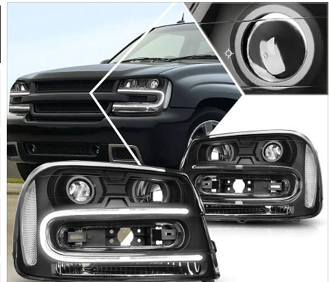 Black Housing Clear Corner Projector Headlights With LED Running Light Replacement Compatible with 02-09 Chevy Trailblazer
