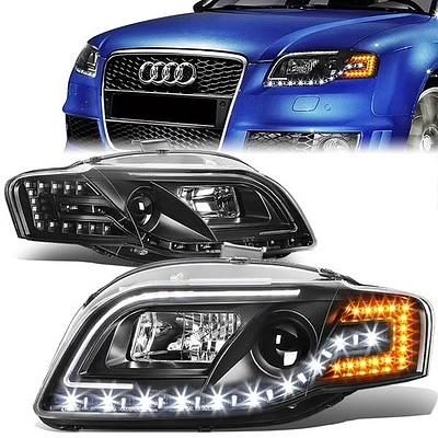 05-08 A4 Sedan Wagon Black Amber Signal LED String DRL Projector Headlights Replacement