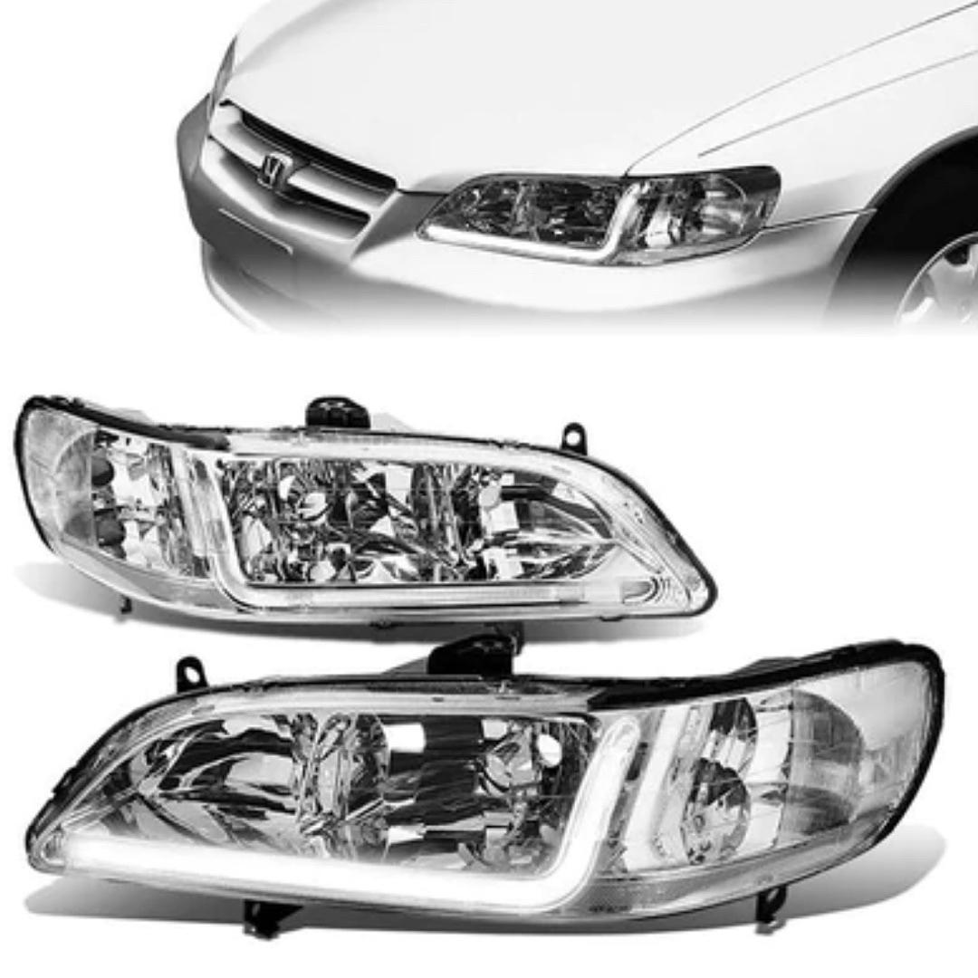 98-02 Honda Accord LED DRL Headlights - Chrome Housing Clear Corner