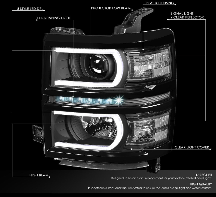 2014 and 2015 Chevy Silverado 1500 LED DRL Projector Headlights