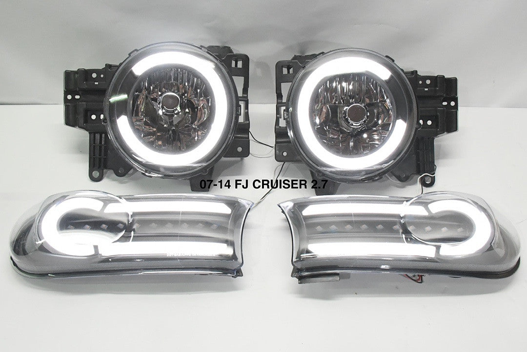 Pair Pair LED DRL 07-14 FJ CRUISER black housing with amber HEADLIGHTS