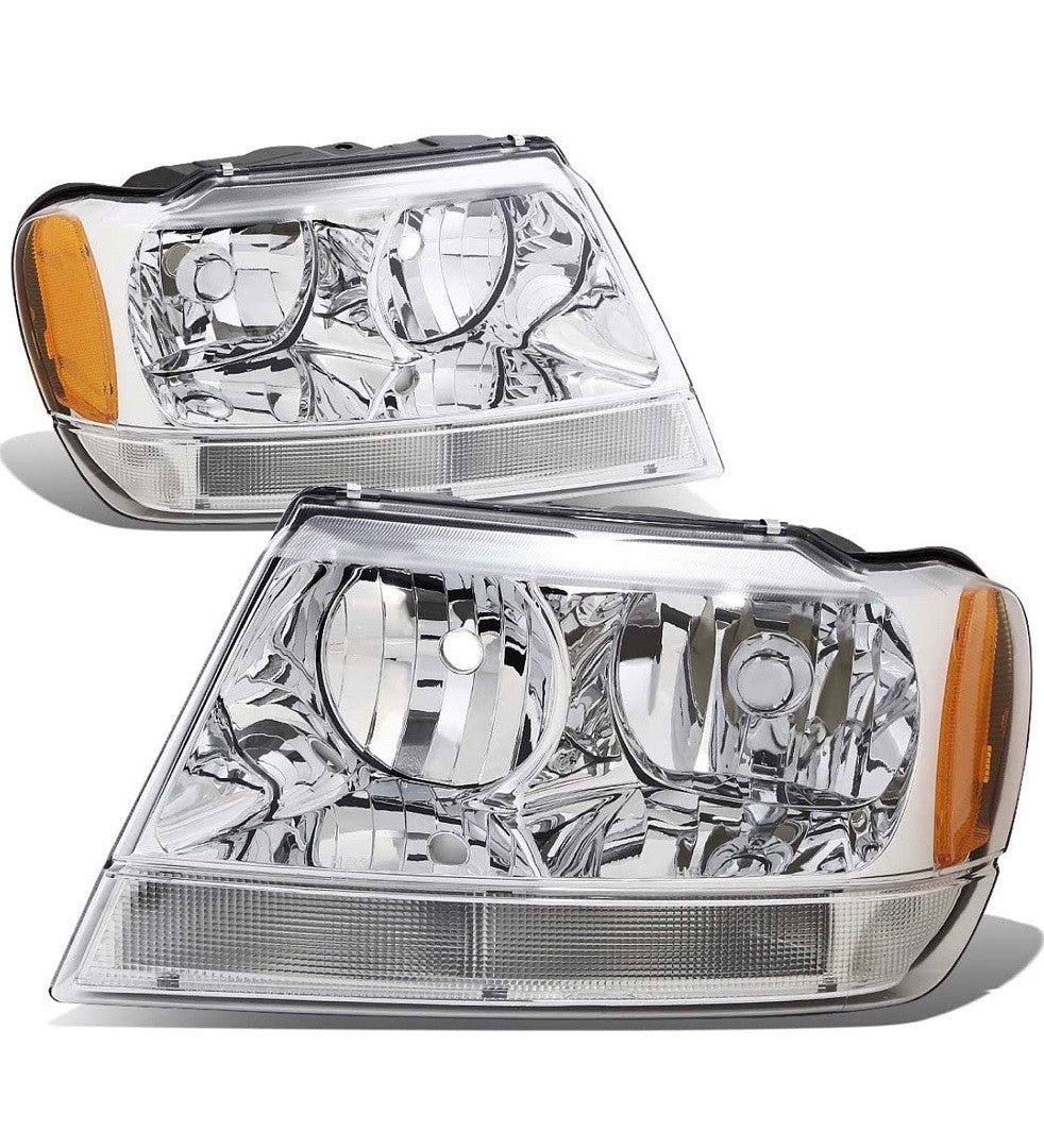 99-04 Jeep Grand Cherokee BLACK HOUSING WITH CLEAR AND AMBER HEADLIGHTS (New)