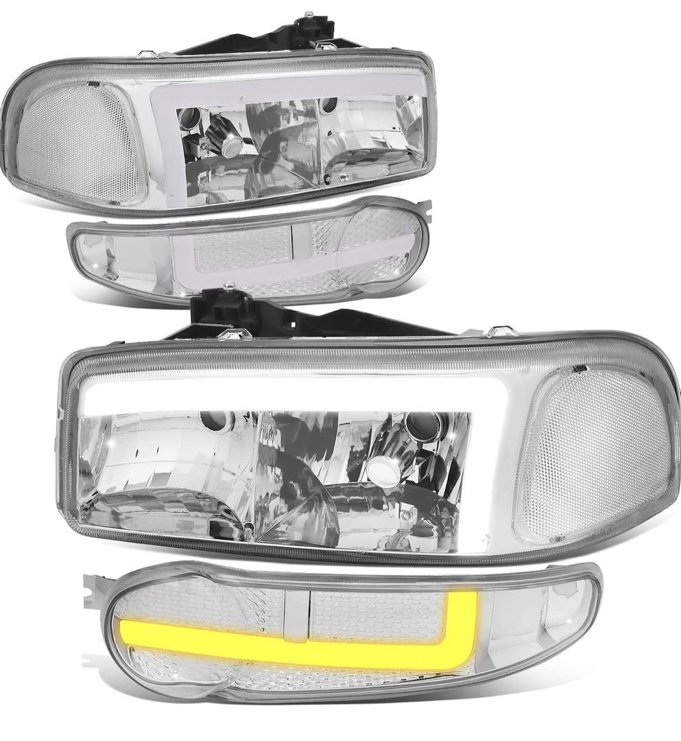 Light Bar Style Headlights Compatible with 02-06 GMC Sierra 1500 Denali / 2001 Sierra C3 / 2007 Sierra 1500 Denali Classic,Chrome/Clear