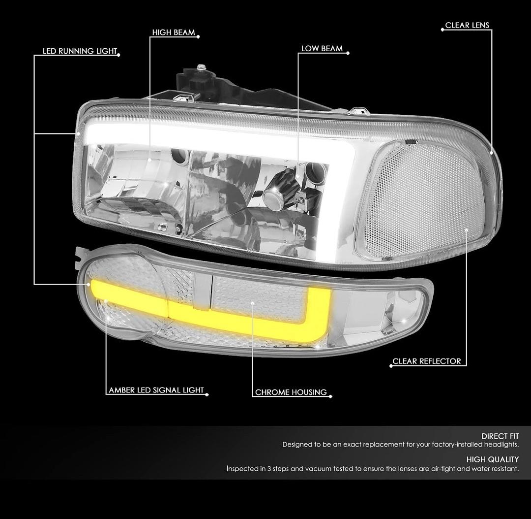 Light Bar Style Headlights Compatible with 02-06 GMC Sierra 1500 Denali / 2001 Sierra C3 / 2007 Sierra 1500 Denali Classic,Chrome/Clear
