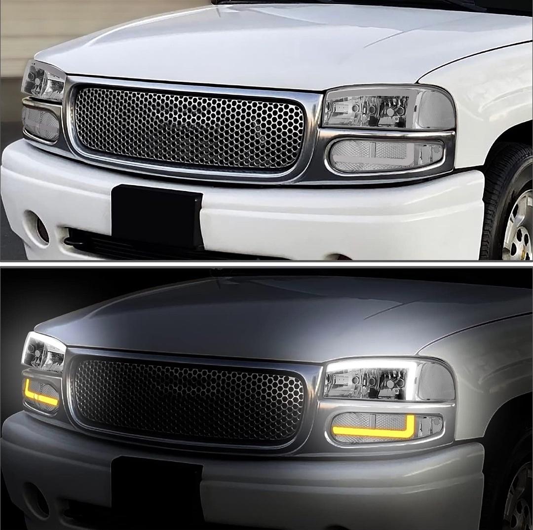 Light Bar Style Headlights Compatible with 02-06 GMC Sierra 1500 Denali / 2001 Sierra C3 / 2007 Sierra 1500 Denali Classic,Chrome/Clear