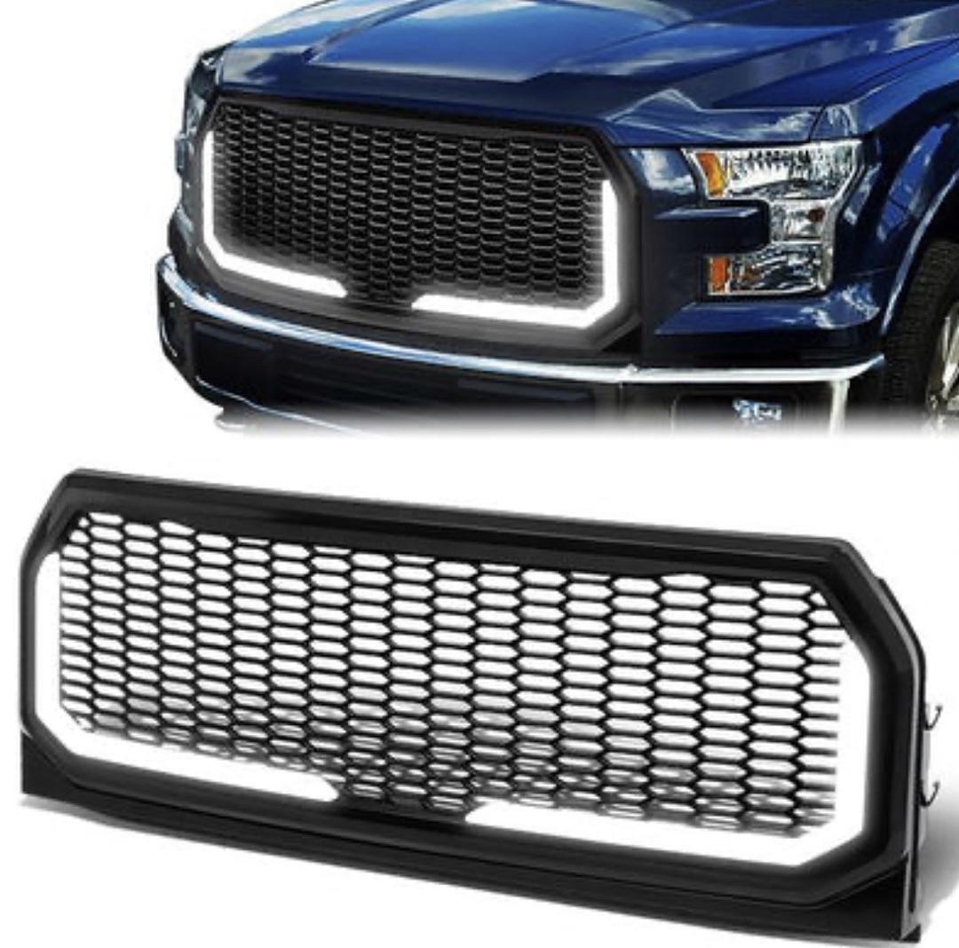 . Ford F-150 Front Grille LED Bar Badgeless Honeycomb Mesh 2015 to 2017.