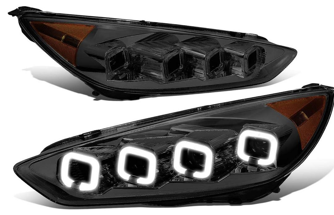 15-18 Ford Focus smoked Amber T8 Square LED Sequential Projector Headlight Corner Lamps