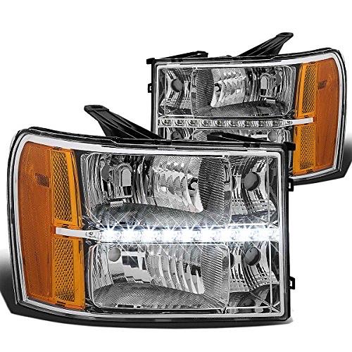 Chrome Housing Amber Corner Headlights with LED DRL Light Strip Compatible with 07-13 GMC Sierra 1500 2500 HD 3500 HD