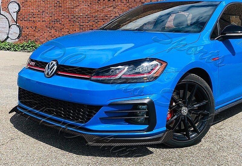 3Pc Carbon Fiber Look Front Bumper Lip With Vertical Stabilizer Compatible with 14-20 VW Golf GTI/R/R-Line Models (no screws)