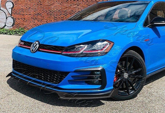 3Pc Carbon Fiber Look Front Bumper Lip With Vertical Stabilizer Compatible with 14-20 VW Golf GTI/R/R-Line Models (no screws)