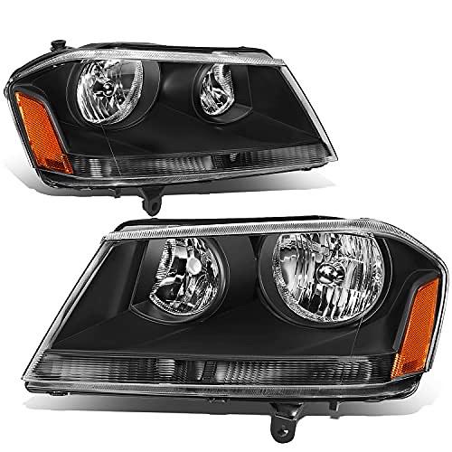 Pair of Black Amber Reflector Halogen Headlight Compatible with 2008 to 2014 Dodge Avenger, Left & Right Side