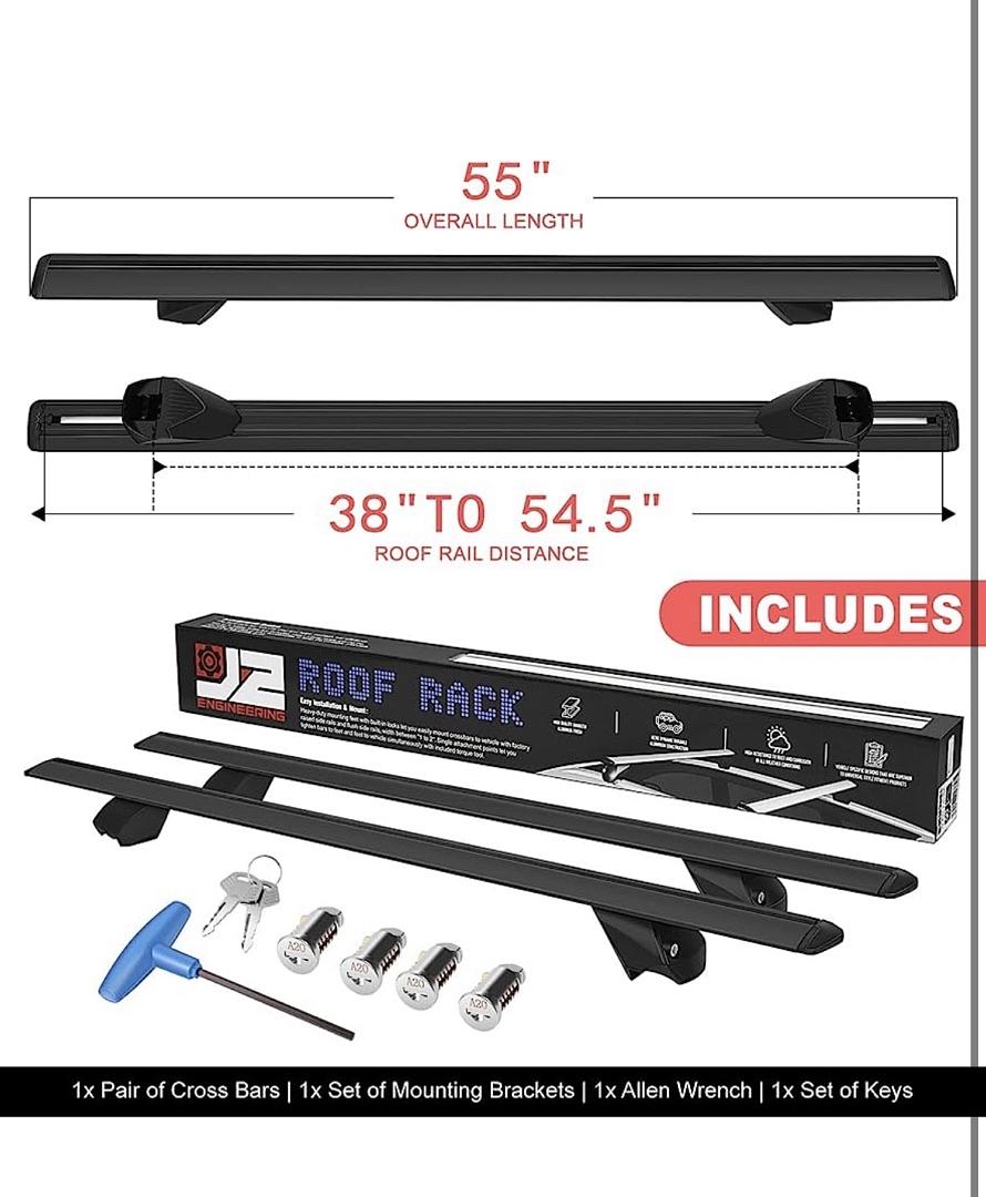 ‚úÖJ2-RR-135-BK Pair of 55" Aluminum Roof Rack Cross Bars Cargo Luggage Carrier for Raised Rails with Angled Edges, Universal, 38" - 54.5" Adjustable, Black