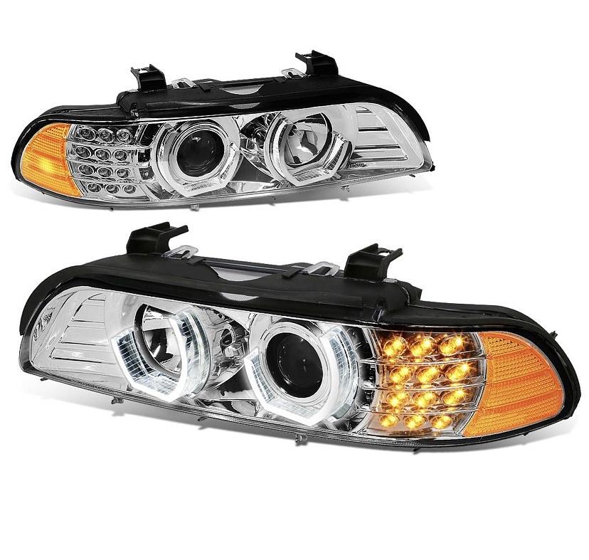 96-03 BMW E39 5-Series 3D Halo LED Signal Projector Headlights - Chrome Housing Amber 7 colors