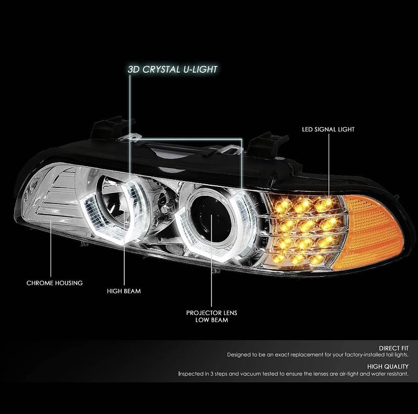 96-03 BMW E39 5-Series 3D Halo LED Signal Projector Headlights - Chrome Housing Amber 7 colors