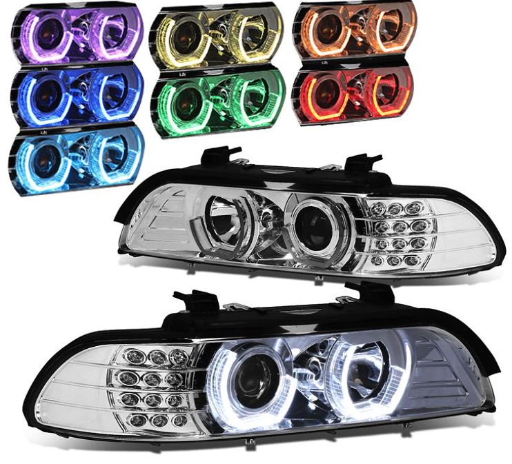 96-03 BMW E39 5-Series 3D Halo LED Signal Projector Headlights - Chrome Housing Amber 7 colors