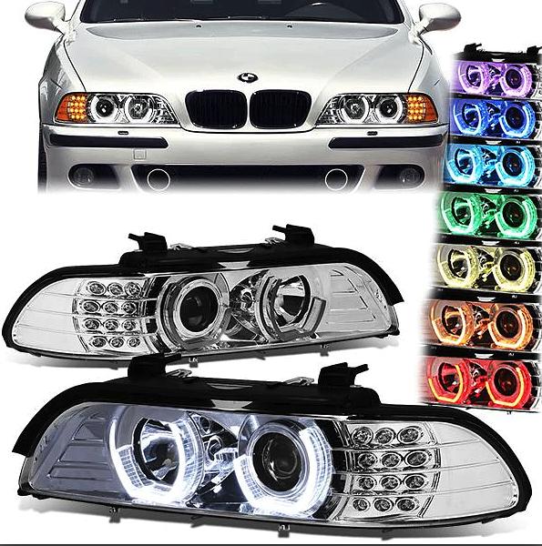 96-03 BMW E39 5-Series 3D Halo LED Signal Projector Headlights - Chrome Housing Amber 7 colors
