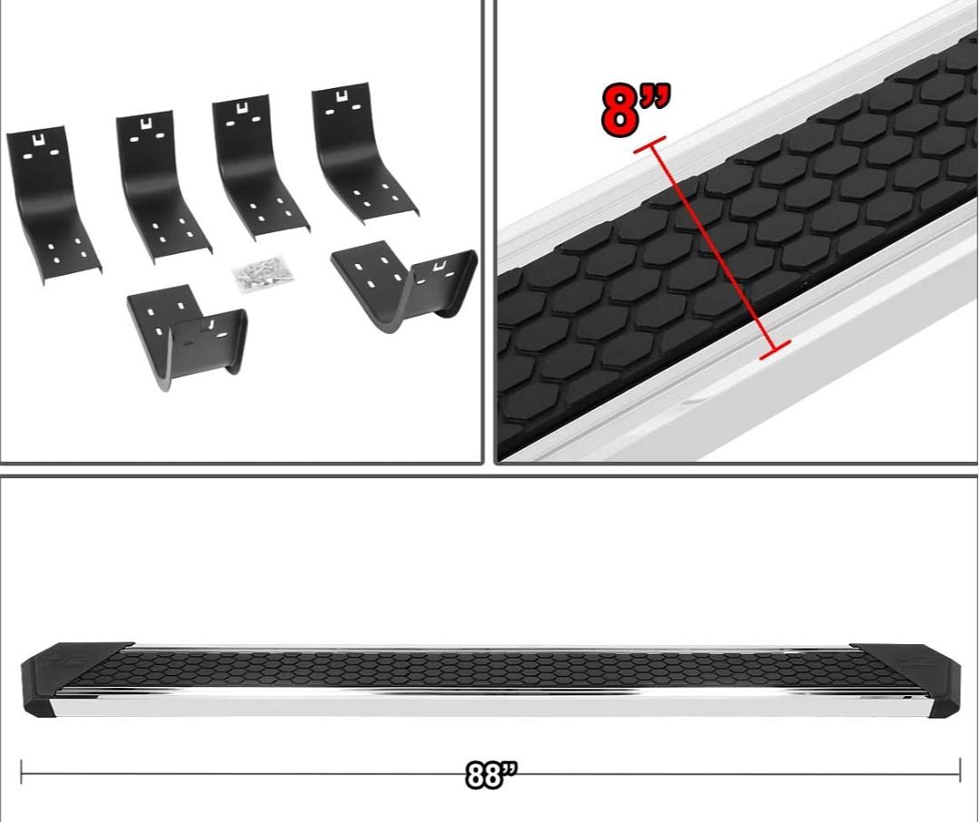 8 J2-STEPB-ZTL-8257-SS - Almohadilla de paso de panal de abeja cromada SS de 8 pulgadas compatible con 11-18 Ram 1500 Crew Cab de 4 puertas
