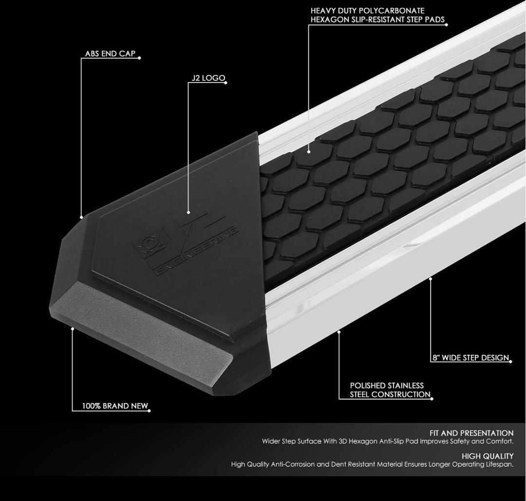 8 J2-STEPB-ZTL-8257-SS - Almohadilla de paso de panal de abeja cromada SS de 8 pulgadas compatible con 11-18 Ram 1500 Crew Cab de 4 puertas
