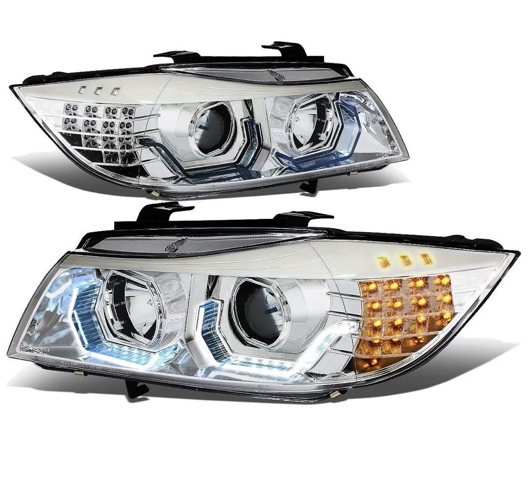 Chrome Housing Dual Blue LED Crystal U-Halo Projector Headlights Compatible with BMW 05-08 323i/325i/325xi/328i/328xi/330i/330xi/335xi 4-Door Sedan