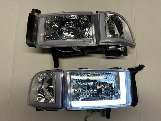 94-01 Dodge Ram 1500 Chrome Headlights With Pair LED Day Running Lights Replacement