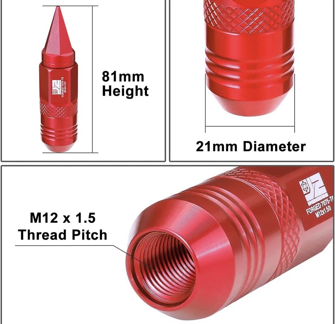 Maybe J2-LN-T7-029-15-RD J2 20PCs Red M12x1.5 Open / Closed End Spike 81mm Tall Conical Seat Lug Nuts