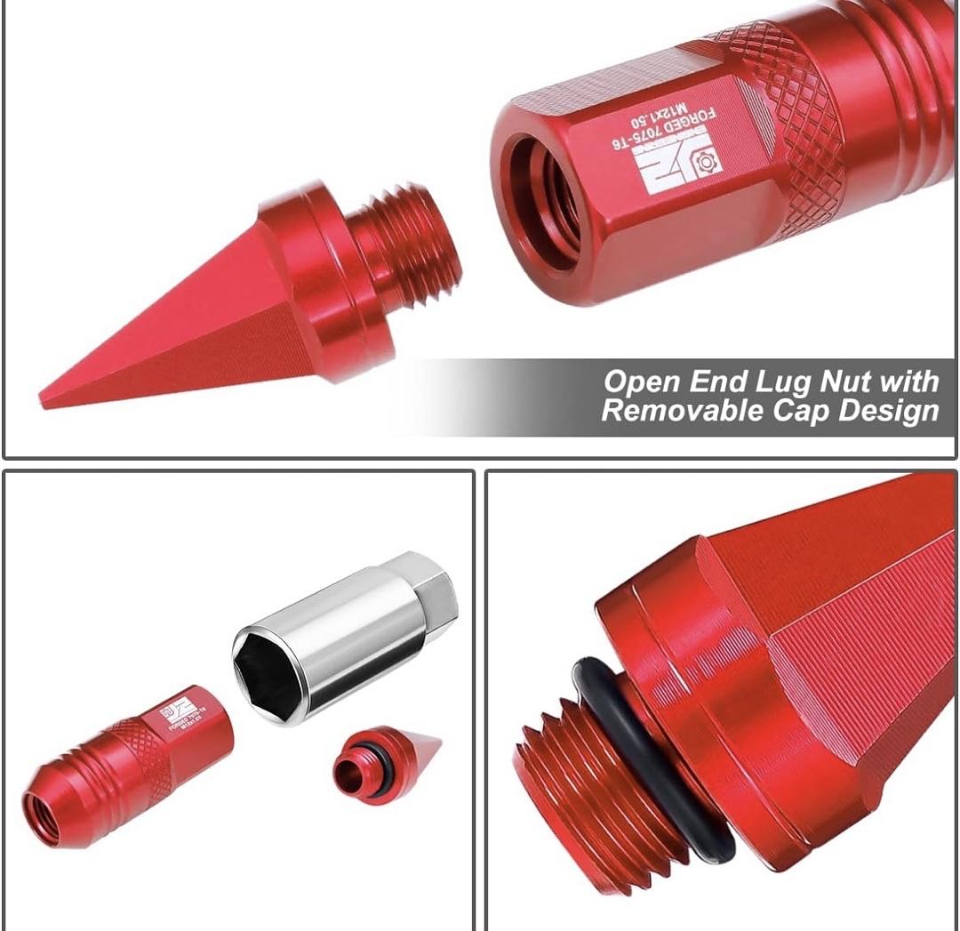 Maybe J2-LN-T7-029-15-RD J2 20PCs Red M12x1.5 Open / Closed End Spike 81mm Tall Conical Seat Lug Nuts