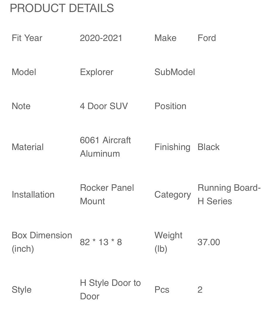 or IB-FR552H 2020-2021 Ford Explorer 4-Door SUV Running Board-H Series Black Finish