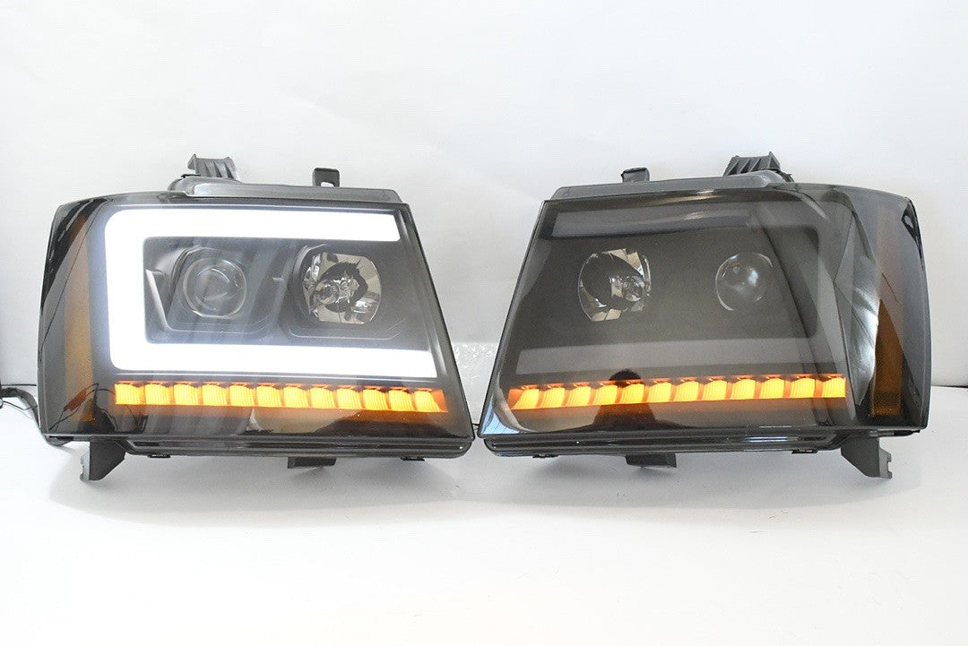 . Chevy Tahoe / Avalanche / Suburban Smoked LED Projector Headlights for 2007 to 2014. Sequential Turn Signal
