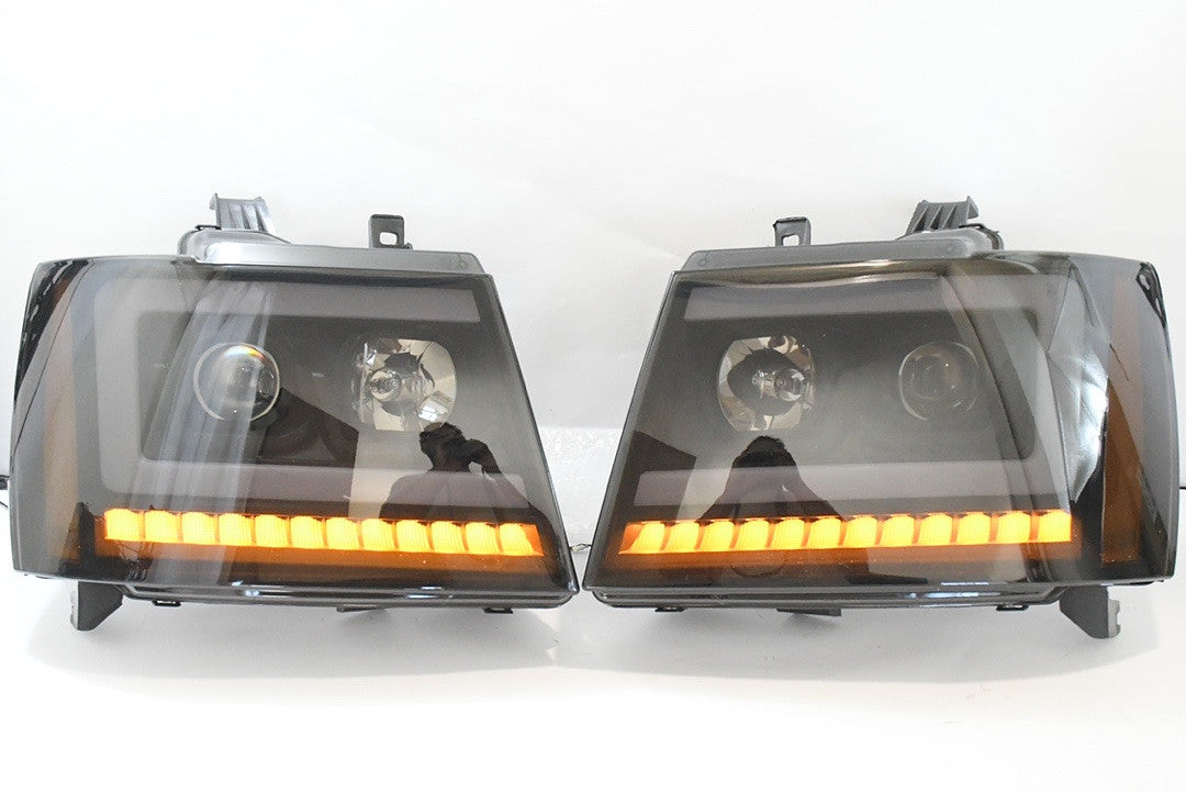. Chevy Tahoe / Avalanche / Suburban Smoked LED Projector Headlights for 2007 to 2014. Sequential Turn Signal