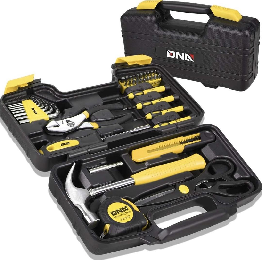 DNA MOTORING 39-Piece Household Tool Set General Repair Small Hand Tool Kit Storage Case for Home Garage Office College Dormitory Use, Yellow,