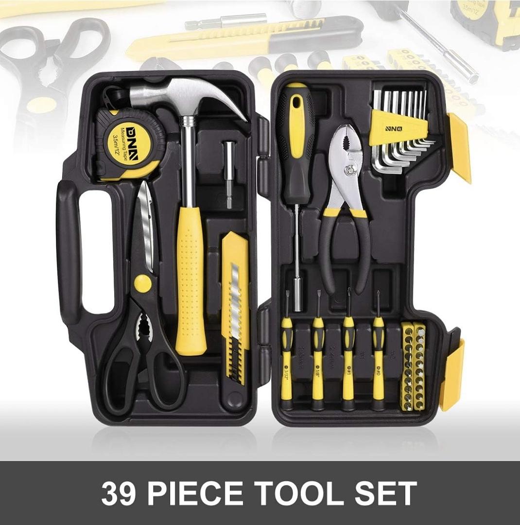 DNA MOTORING 39-Piece Household Tool Set General Repair Small Hand Tool Kit Storage Case for Home Garage Office College Dormitory Use, Yellow,