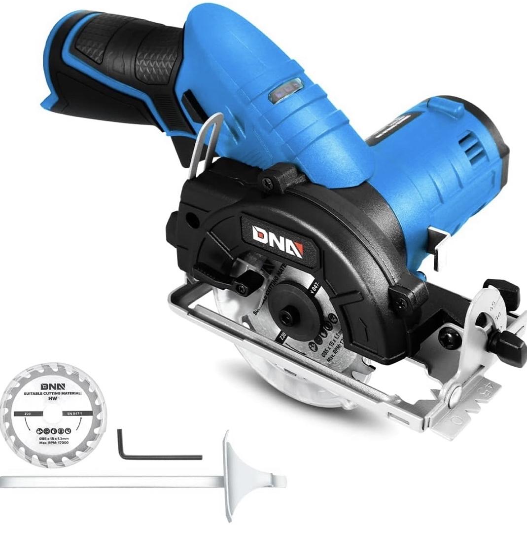12V Compact Cordless Circular Saw with 85mm 20T Blade and Hex Key, Adjustable Cutting Depth/Angle, Blue (Tool Only)