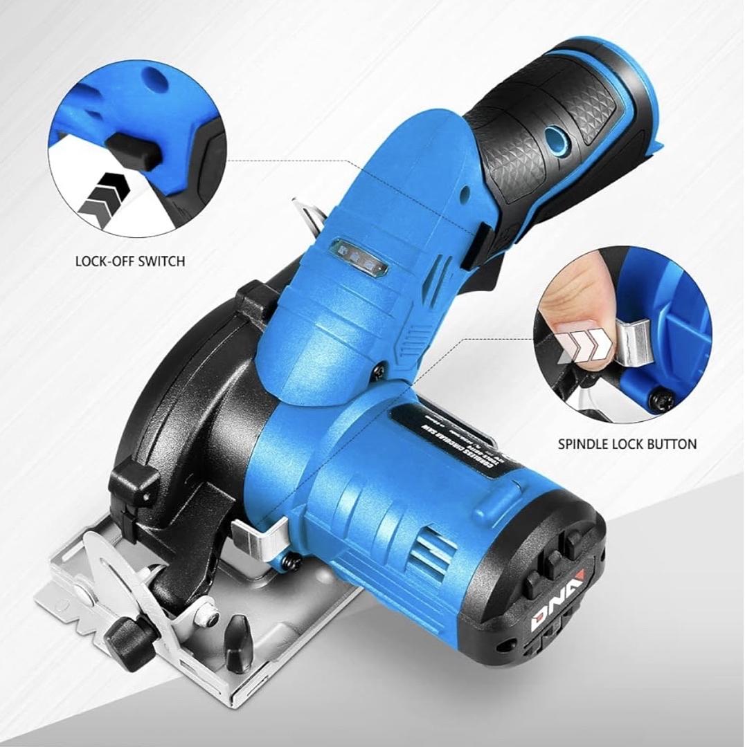 12V Compact Cordless Circular Saw with 85mm 20T Blade and Hex Key, Adjustable Cutting Depth/Angle, Blue (Tool Only)