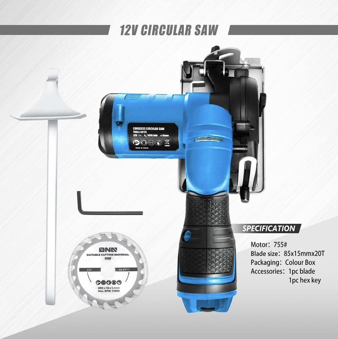 12V Compact Cordless Circular Saw with 85mm 20T Blade and Hex Key, Adjustable Cutting Depth/Angle, Blue (Tool Only)