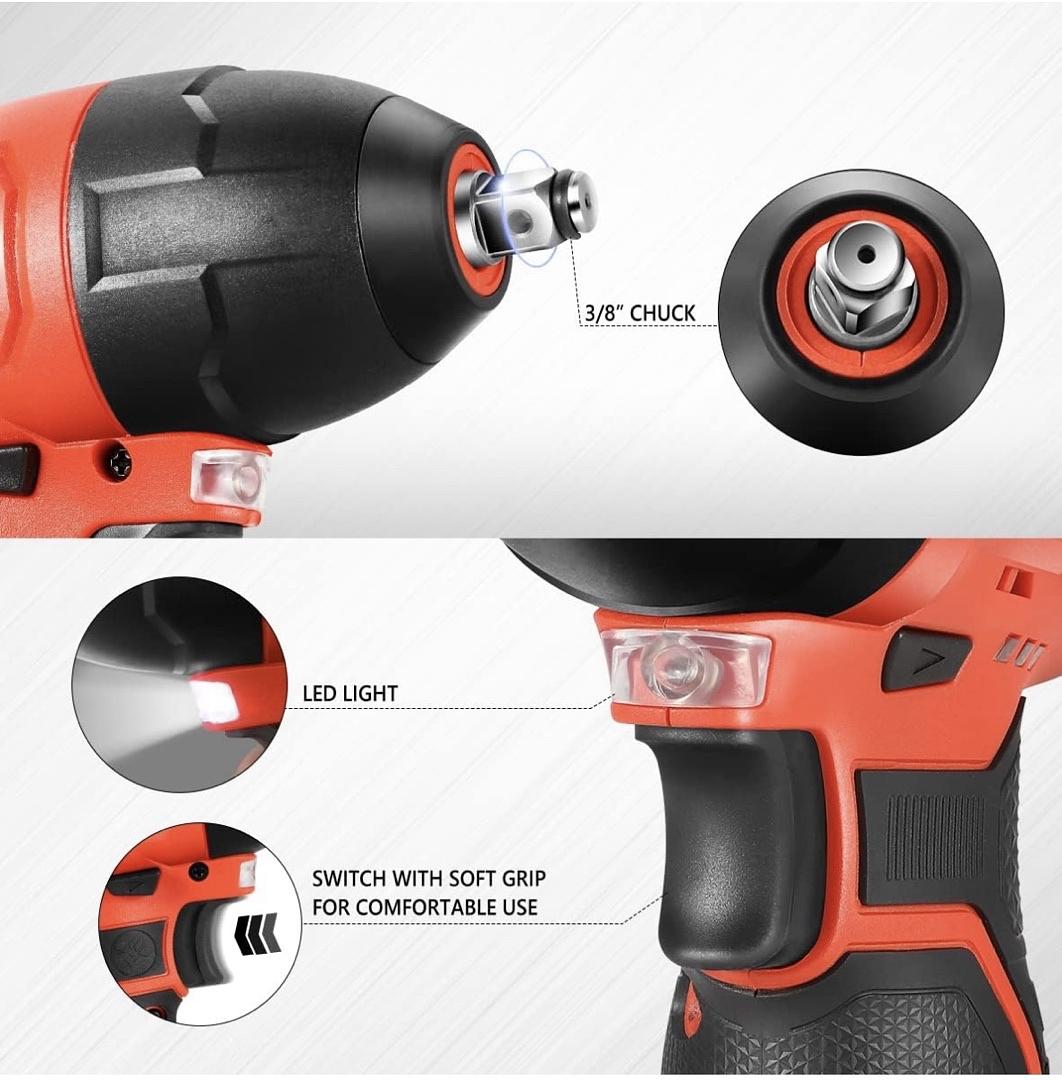 Cordless Impact Wrench, 3/8‚Äù Chuck Max Torque 120Nm 12V Electric Power Impact Wrench with LED Work Light,Red (Tool Only)