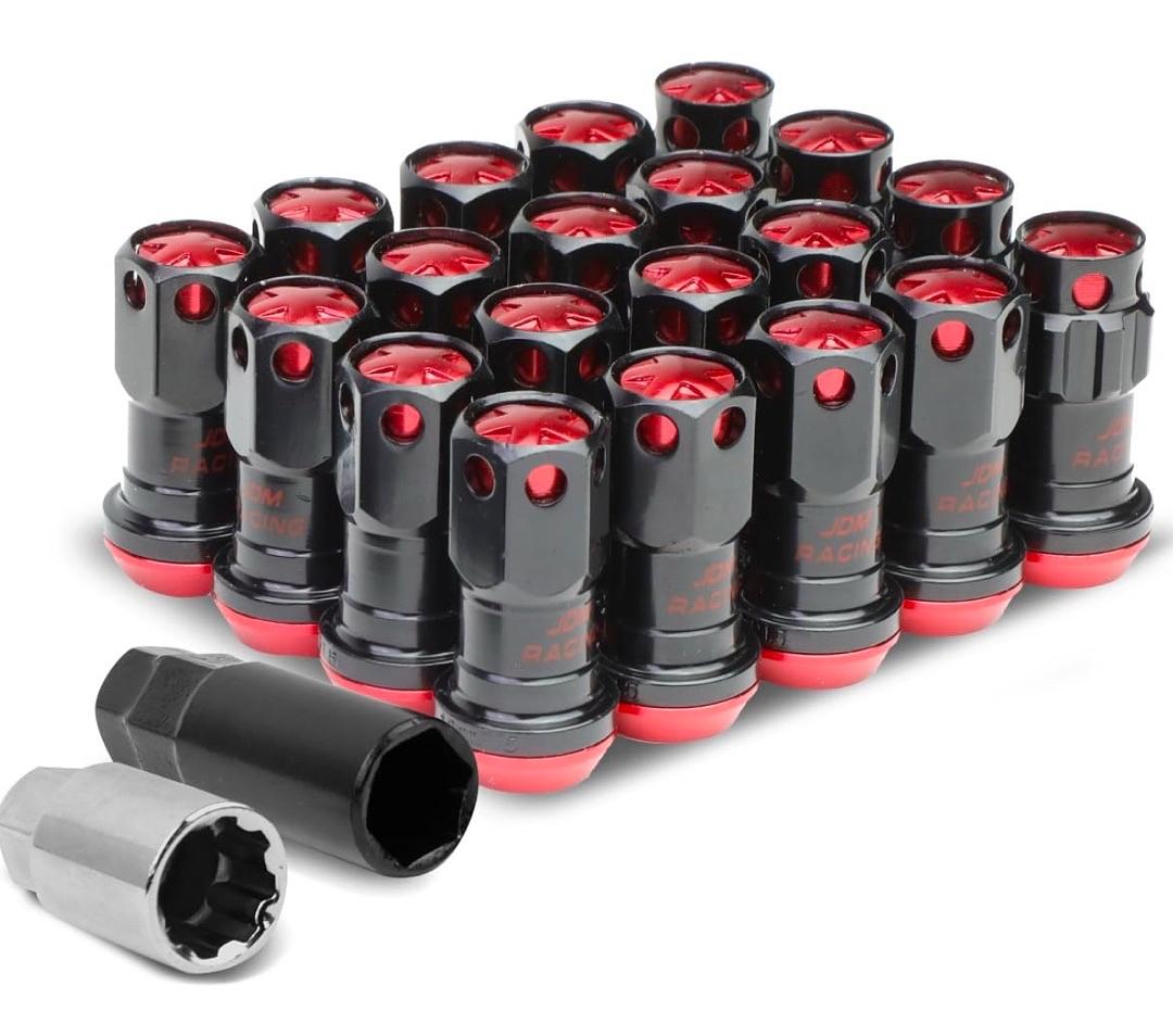 16Pcs M12 x 1.5 Closed End Wheel Lug Nuts + 4Pcs Lock Nuts + Key + Extension Adapter, 22mm OD/45mm Height, Red Accents/Black Body