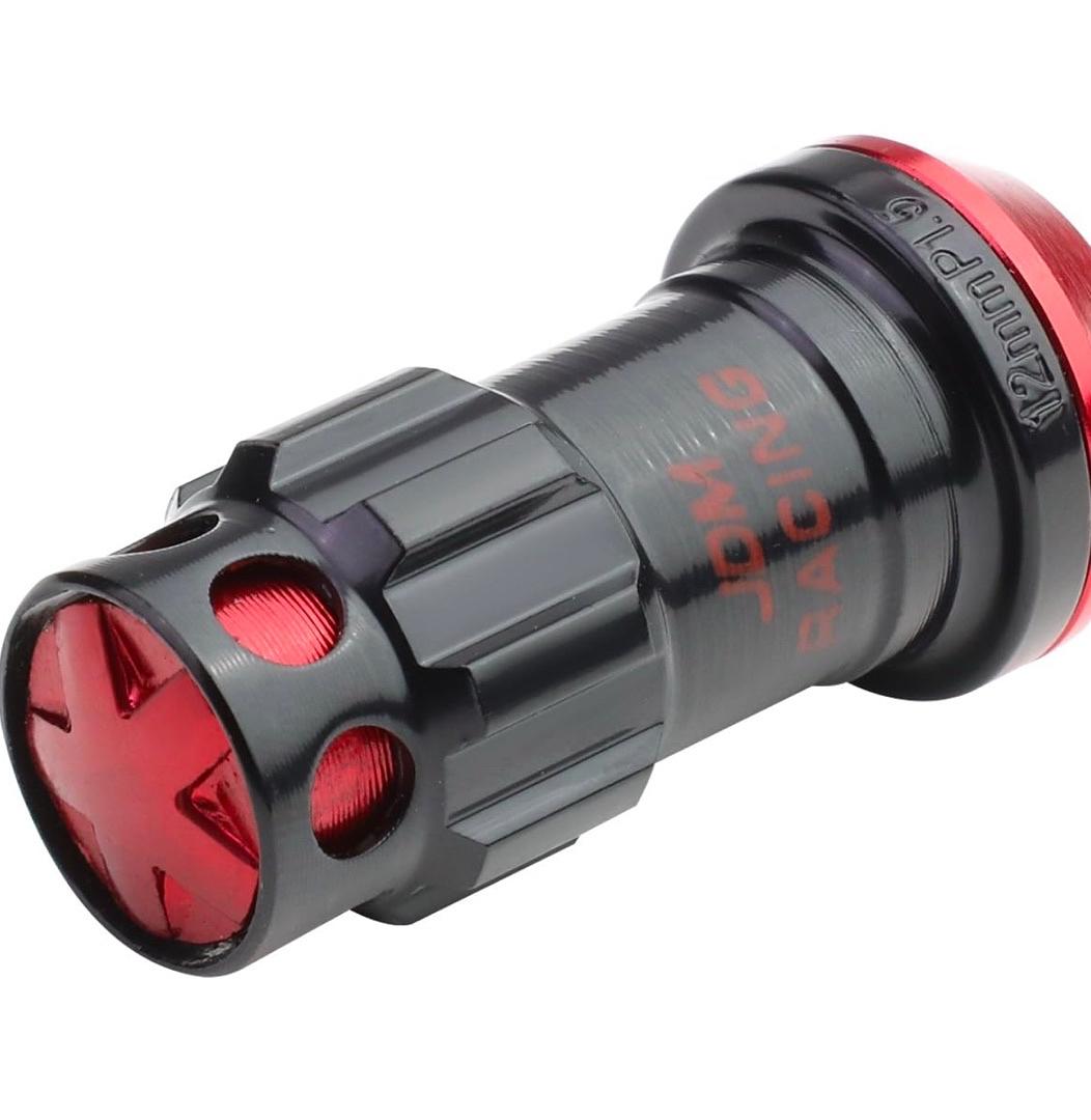 16Pcs M12 x 1.5 Closed End Wheel Lug Nuts + 4Pcs Lock Nuts + Key + Extension Adapter, 22mm OD/45mm Height, Red Accents/Black Body