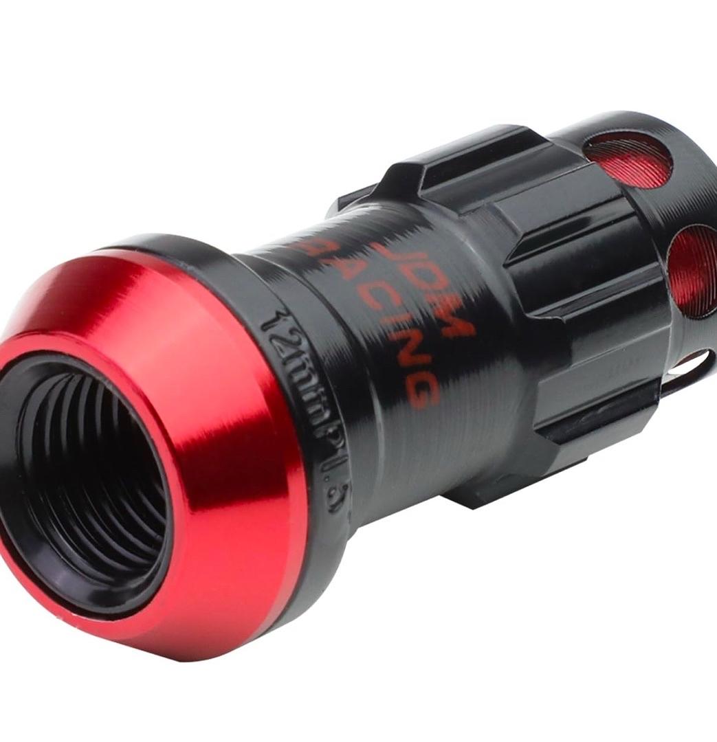 16Pcs M12 x 1.5 Closed End Wheel Lug Nuts + 4Pcs Lock Nuts + Key + Extension Adapter, 22mm OD/45mm Height, Red Accents/Black Body