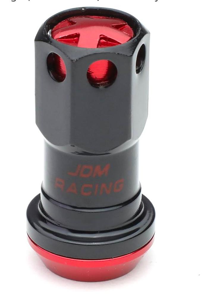 16Pcs M12 x 1.5 Closed End Wheel Lug Nuts + 4Pcs Lock Nuts + Key + Extension Adapter, 22mm OD/45mm Height, Red Accents/Black Body