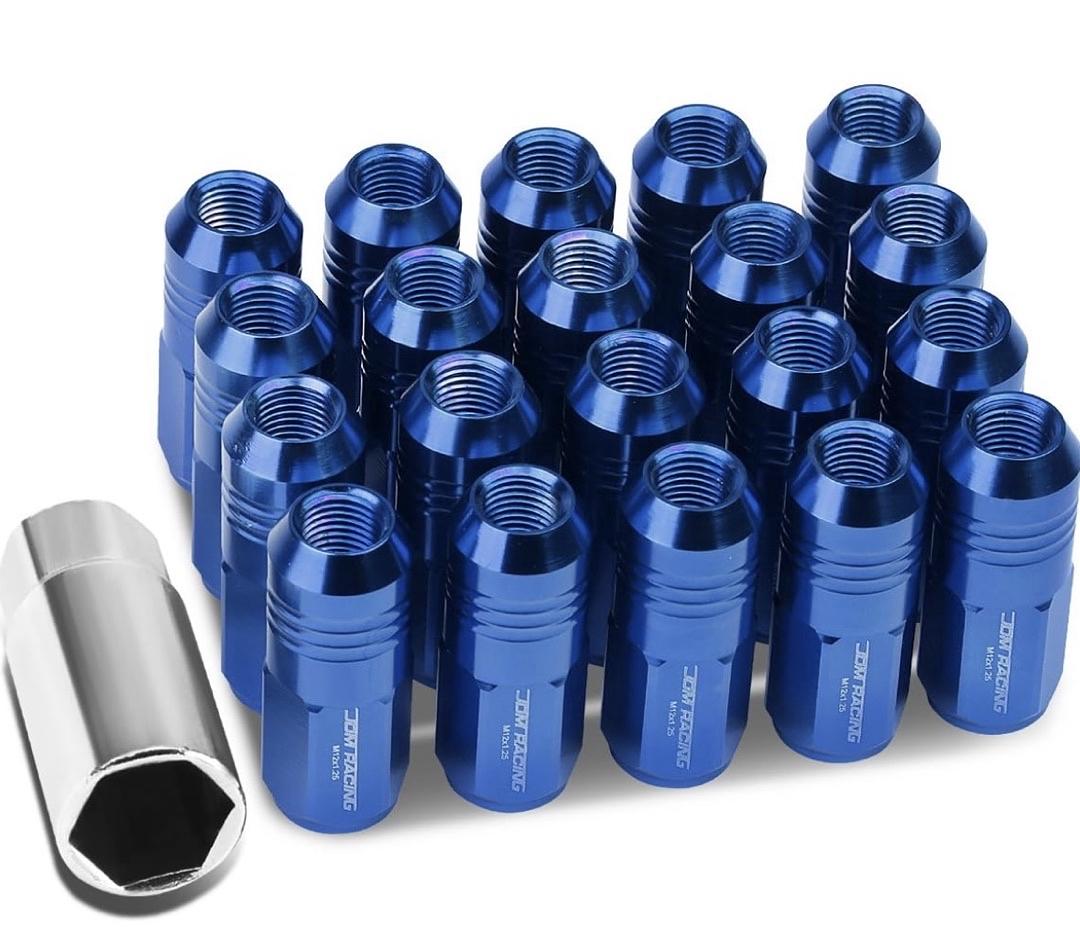 20Pcs Closed End Design M12 x 1.25 Aluminum Alloy Wheel Lug Nuts + Deep Drive Extension Adapter, 20mm OD/50mm Height (Blue)