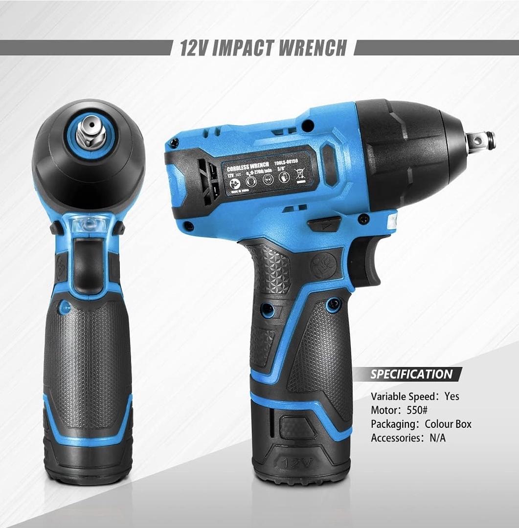 Cordless Impact Wrench, 3/8‚Äù Chuck Max Torque 120Nm 12V Electric Power Impact Wrench with LED Work Light,Blue (Tool Only)