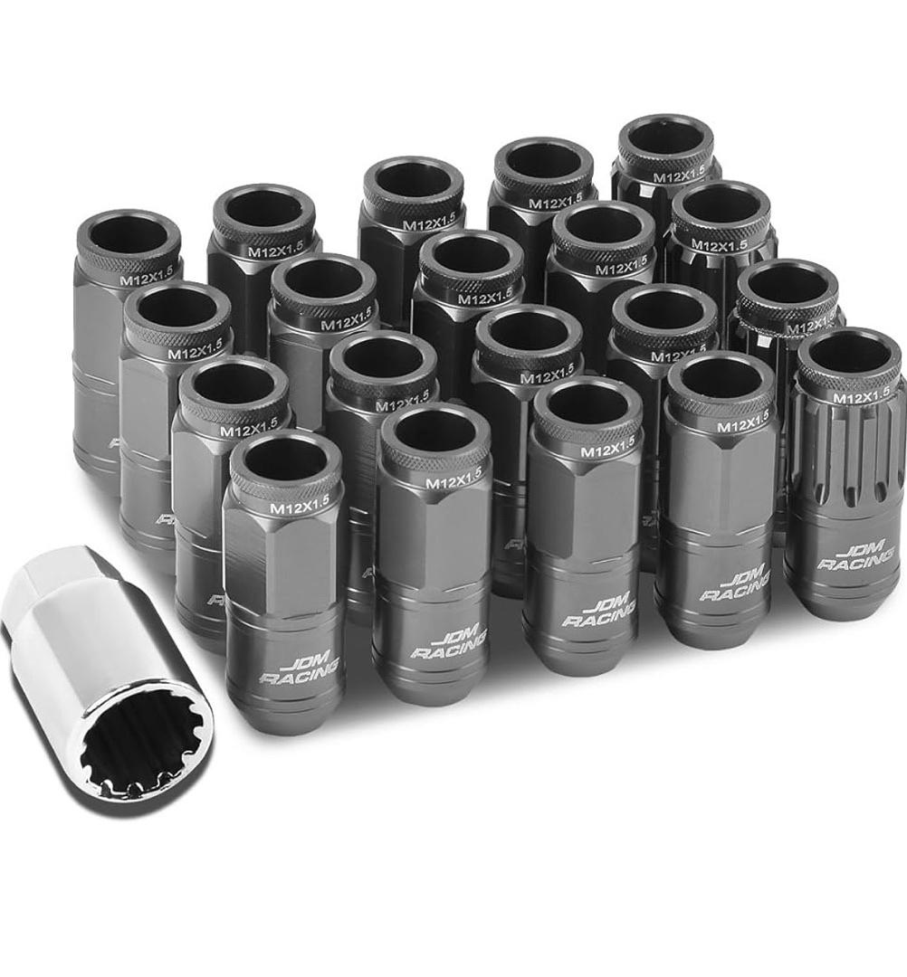 16Pcs M12 x 1.5 21mm OD/50mm Height Aluminum Open End Lug Nuts w/ 4 x Lock Nut, 1 x Lock Nut Key (Gun Metal)