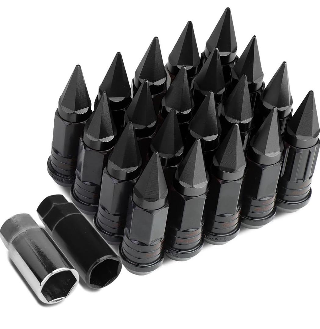 16Pcs M12 x 1.5 25mm OD/75mm Height Open End Style Wheel Lug Nuts + Lock Nut + Key + Extension Adapter, Black