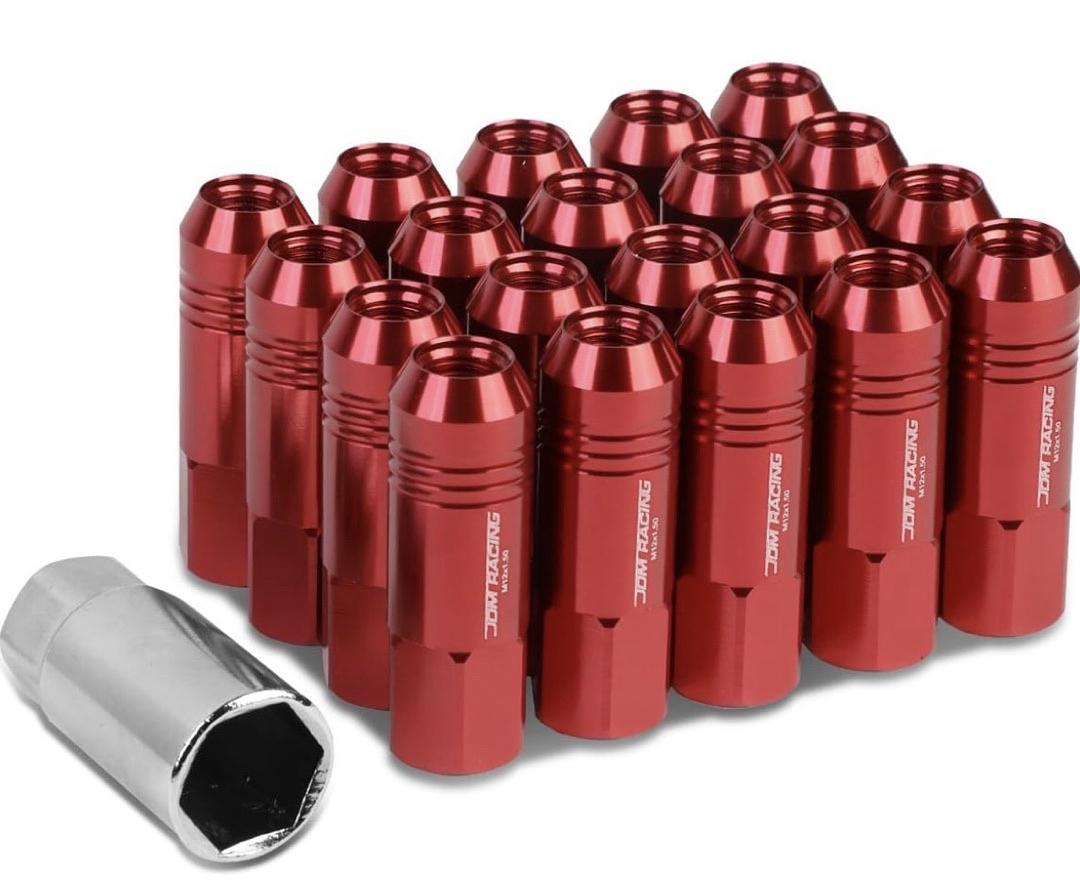 20Pcs M12 x 1.5 Aluminum Alloy Open End Wheel Lug Nuts w/Deep Drive Extension, 20mm OD/60mm H, Red